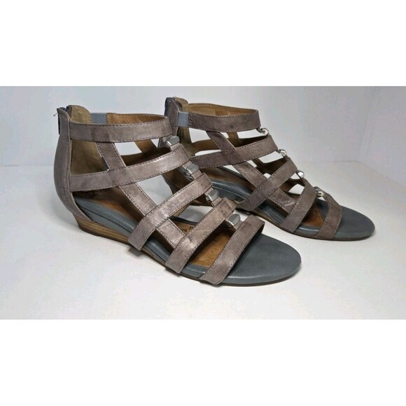 Women Sofft Wedge Gladiator Sandals Taupe & Gray/Blue Leather Slip Resist Sz 8 - Picture 1 of 11